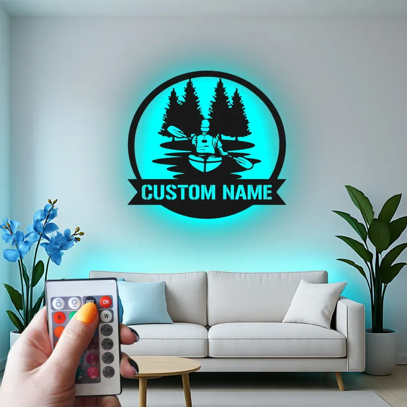 Personalisierte Kajak LED Metallkunst | Individuelles Kanufahrer-Schild | Dekor für das Außenbereich-Ferienhaus Geschenk für Ihn