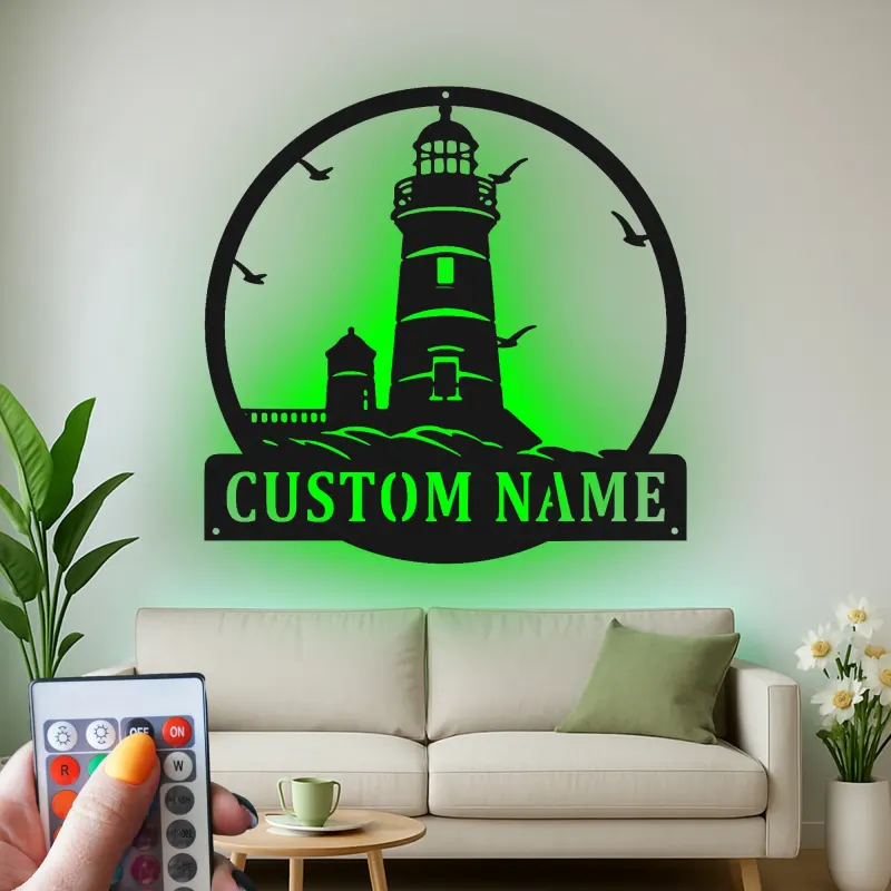 Décoration murale en métal personnalisée phare | Rétroéclairage LED | Décor nautique personnalisé pour maison de plage | Cadeau pour amoureux de l'océan