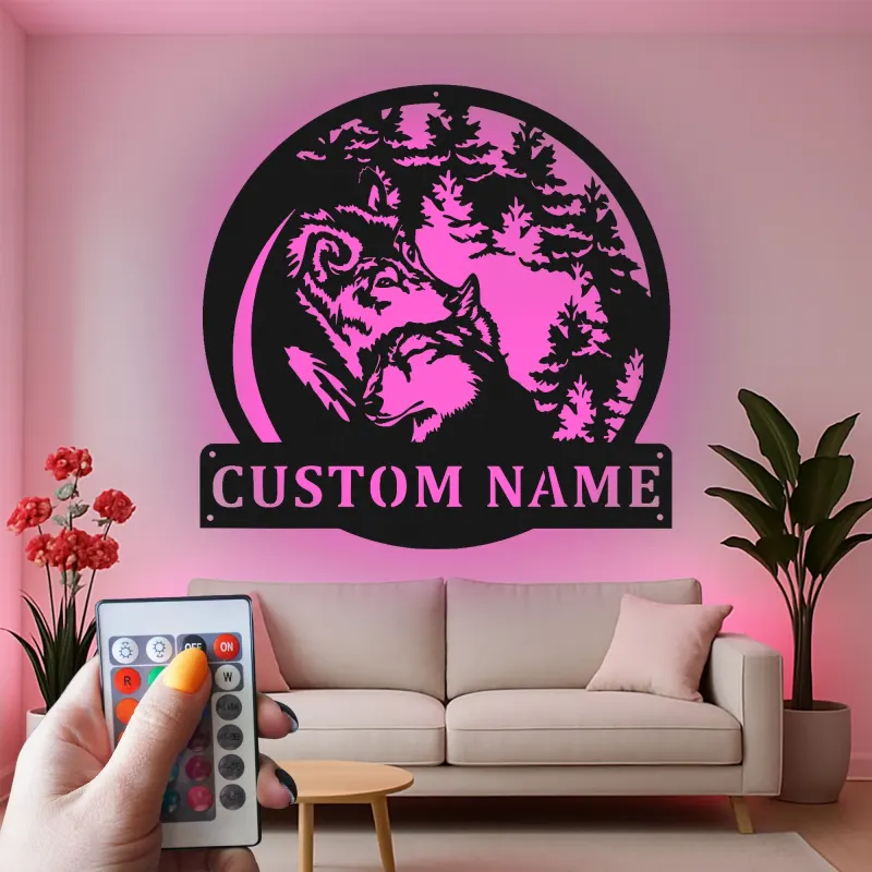 Décoration murale en métal personnalisée avec lumière LED de meute de loups