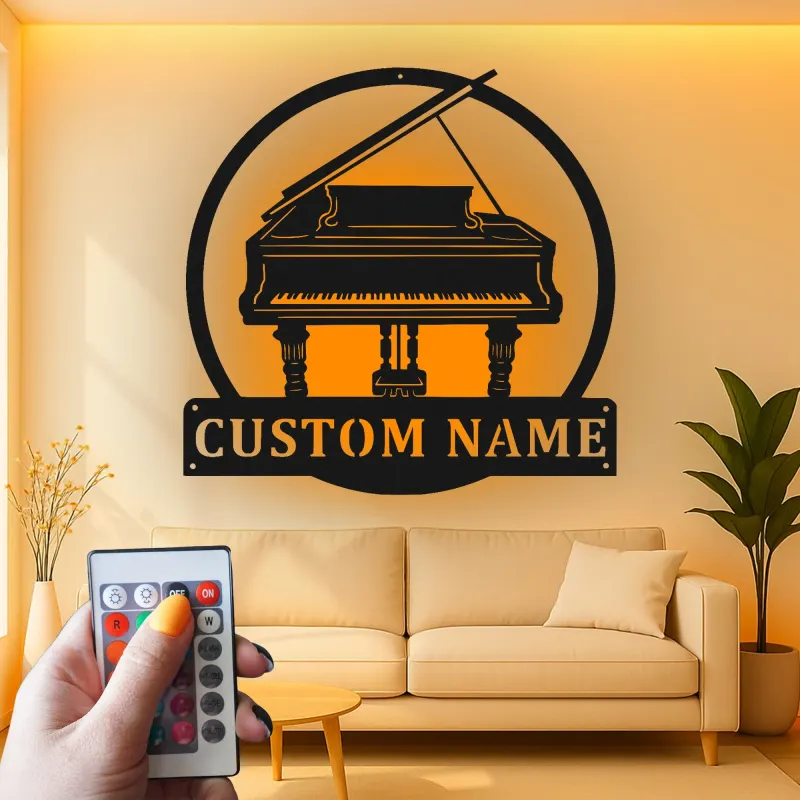 Grand Piano LED Wall Art | Custom Metal Name Sign | Personalized Musician Gift & Studio Decor