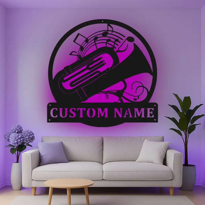 Insegna in metallo personalizzata con tuba LED - Regalo per musicisti - Decorazione per amanti della musica