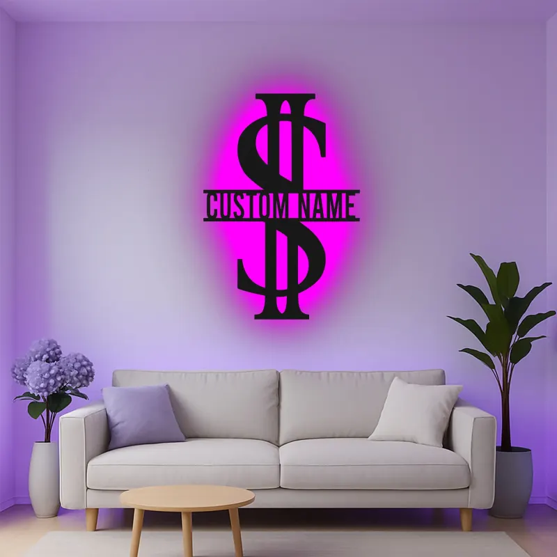 Décoration murale en métal personnalisée en forme de signe dollar avec rétroéclairage LED - Cadeau personnalisé pour entrepreneurs - Décor de bureau ou de salle de loisirs