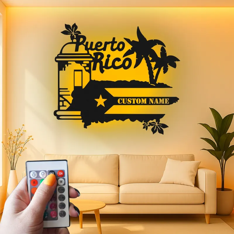 Panneau Métal LED Porto Rico Personnalisé | Art Murale Palmier des Caraïbes Personnalisé | Décor Boricua & Idée de Cadeau Insulaire