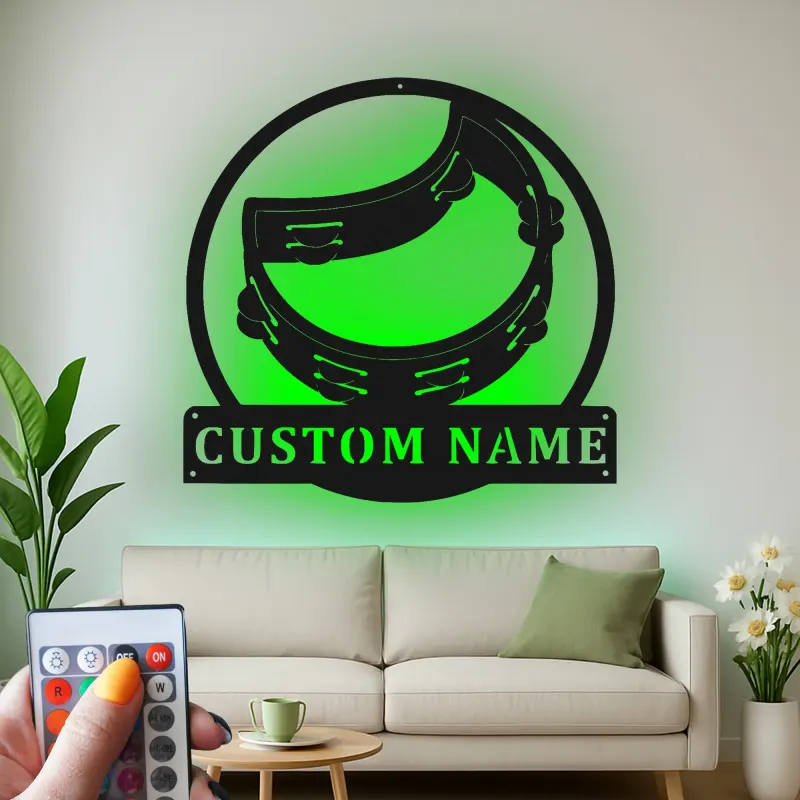 Personalized Tambourine Sign | LED Metal Wall Art for Music Room | Custom Musician Nameplate | Percussionist Gift