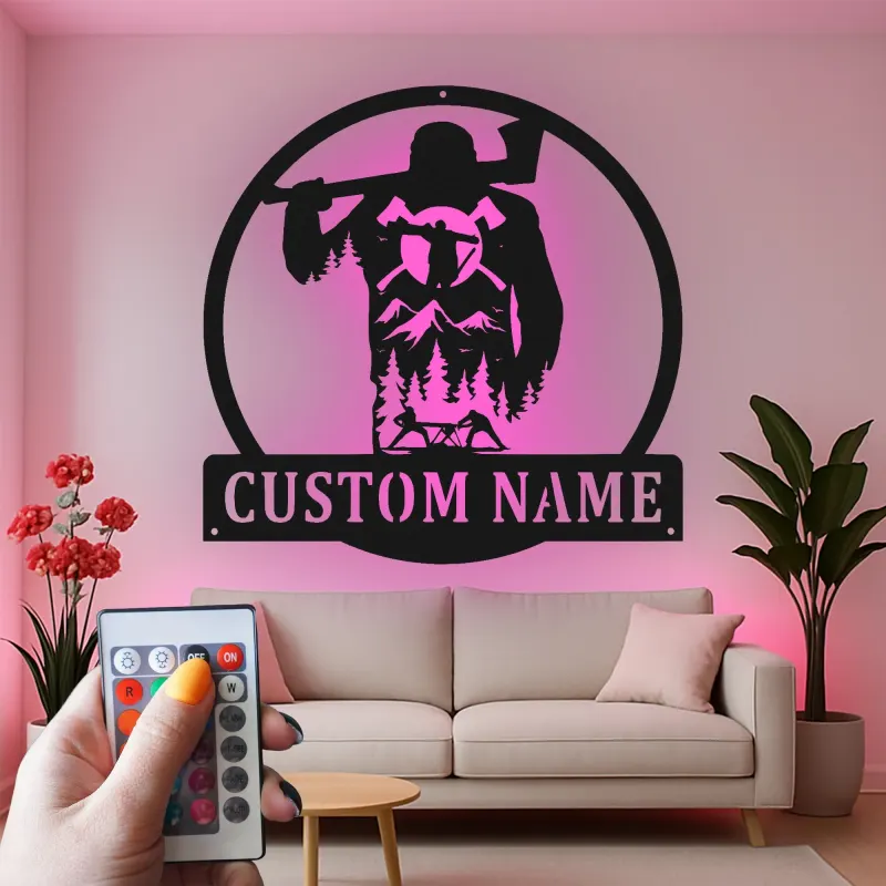 Custom Lumberjack Metal Sign | LED Mountain Wall Art | Personalized Outdoorsman Gift for Rustic Cabin Decor