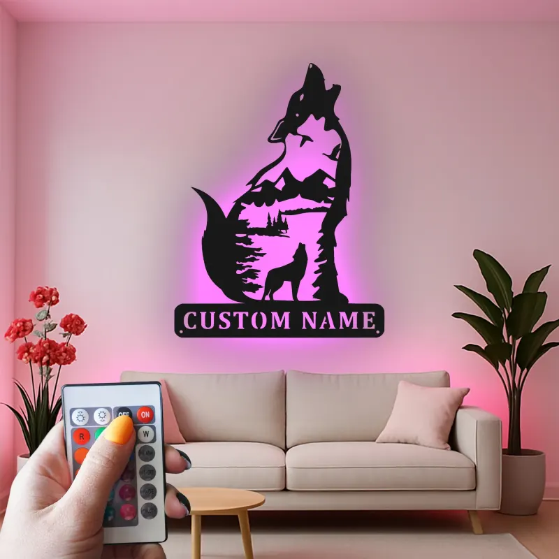 Cartel de metal personalizado de lobo aullando con luz LED Regalo para amantes de la naturaleza Decoración rústica de cabaña 3