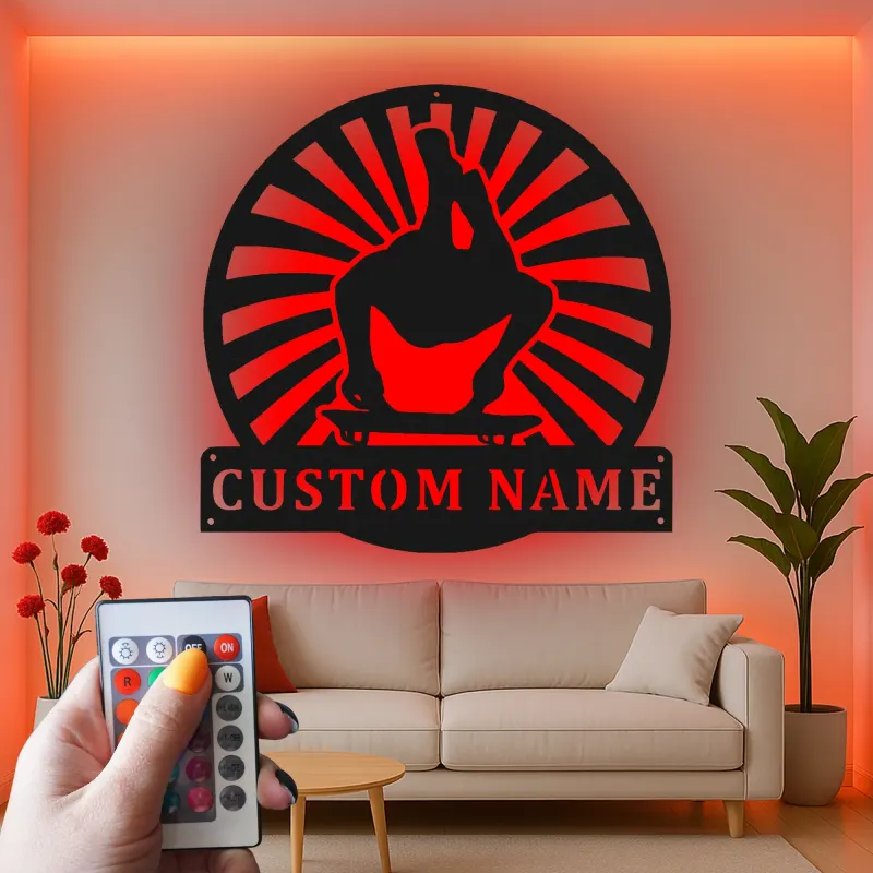 Personalized Skateboarder LED Sign | Custom Metal Wall Art for Teen Room | Backlit Skater Name Plaque & Extreme Sports Gift Idea
