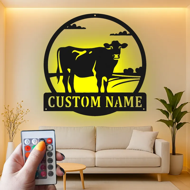 Décoration murale en métal LED personnalisée de vache - Cadeau de ferme rustique - Décor de grange pour amoureux des animaux