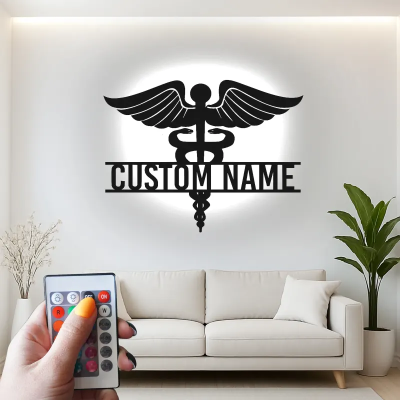 Cartel de metal LED Caduceo personalizado Regalo para profesionales médicos Decoración de oficina o clínica