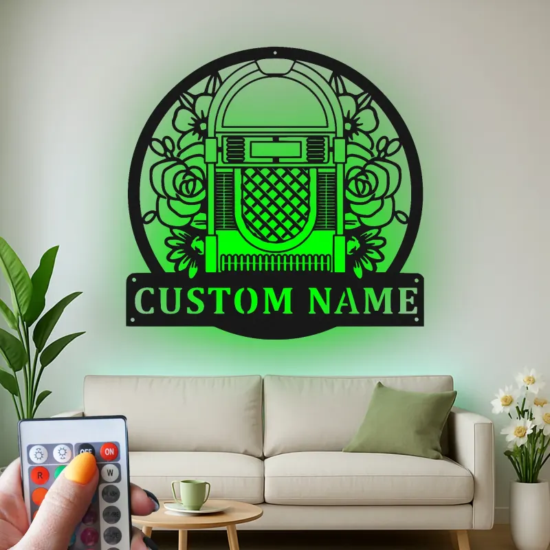 Insegna LED Jukebox Personalizzata | Insegna in Metallo Floreale Retro per Home Bar | Regalo per Amanti della Musica