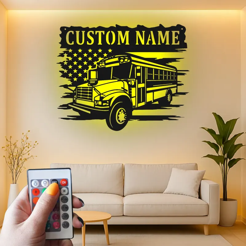 Personalized School Bus Driver LED Sign | American Flag Metal Wall Art | Custom Name Gift for Garage or Office Decor