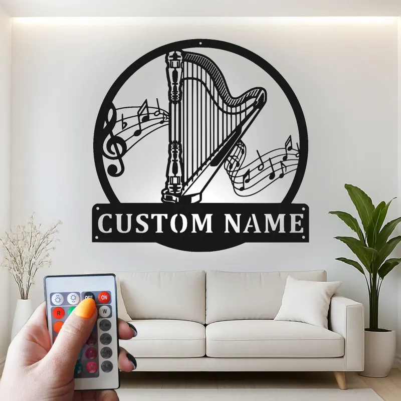 Personalized Harp LED Sign | Custom Metal Wall Art | Musician Gift & Music Room Decor | Luminous Instrument Accent
