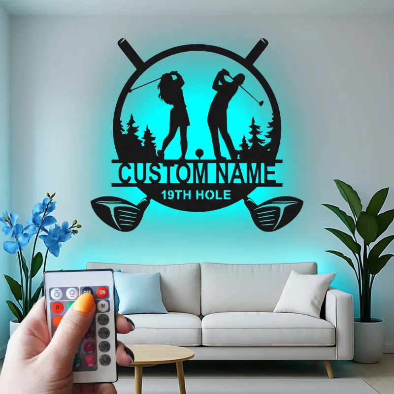 Enseigne de golf personnalisée avec LED | Décoration murale en métal sur mesure pour man cave | Cadeau pour couple golfeur 19e trou