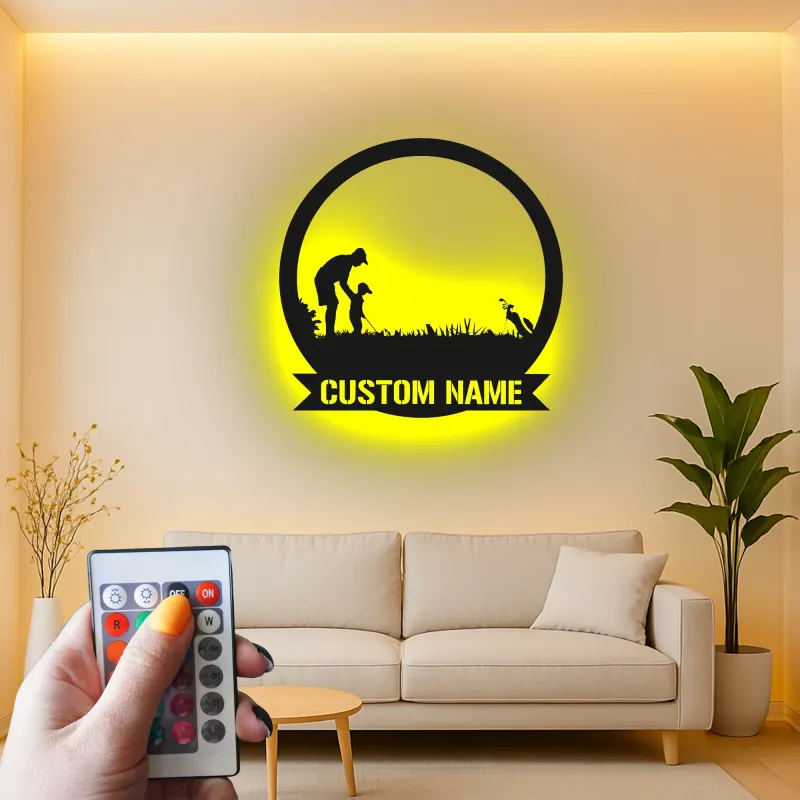 Arte da parete LED in metallo da golf personalizzata | Insegna personalizzata padre e figlio | Regalo per papà golfista | Decorazione man cave e home bar