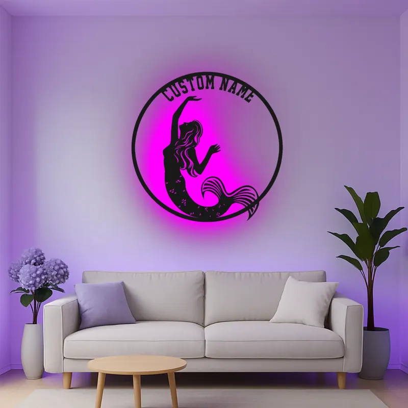 Insegna in metallo personalizzata con luce LED a forma di sirena regalo per amanti dell'oceano decorazione per camera da letto o nursery
