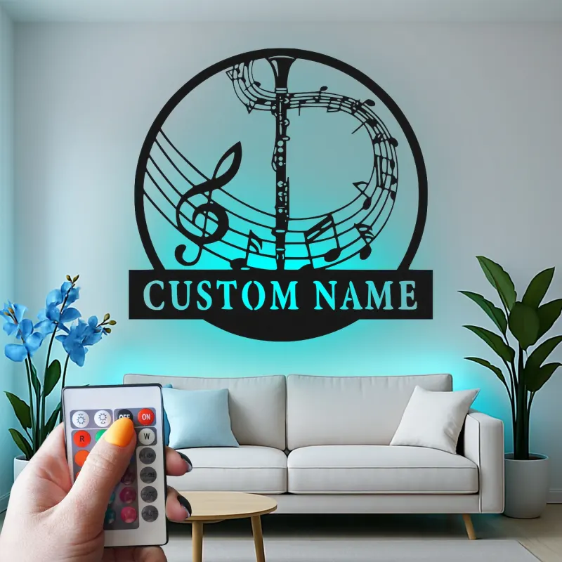 Insegna in metallo LED personalizzata con note musicali e trombone - Regalo per amanti della musica, decorazione per soggiorno o studio