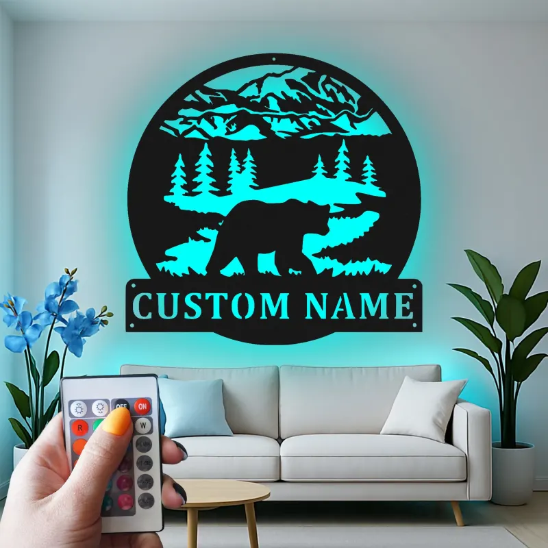 Custom Bear Mountain Scene Led Light Metal Wall Art Personalized Gift for Nature Lovers Cabin Decor