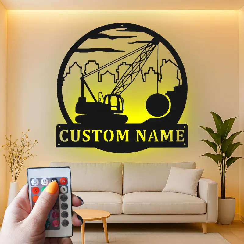 Décoration murale en métal LED de grue de construction, cadeau unique pour les bâtisseurs, décoration de bureau ou d'atelier