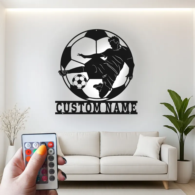 Cartel de Metal de Jugador de Fútbol Personalizado | Arte Mural LED Deportivo | Regalo con Nombre Personalizado para Atletas | Decoración de Habitación de Niños