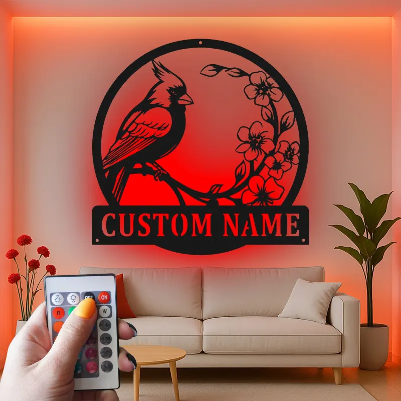 Décoration murale en métal personnalisée avec lumière LED cardinal et fleurs
