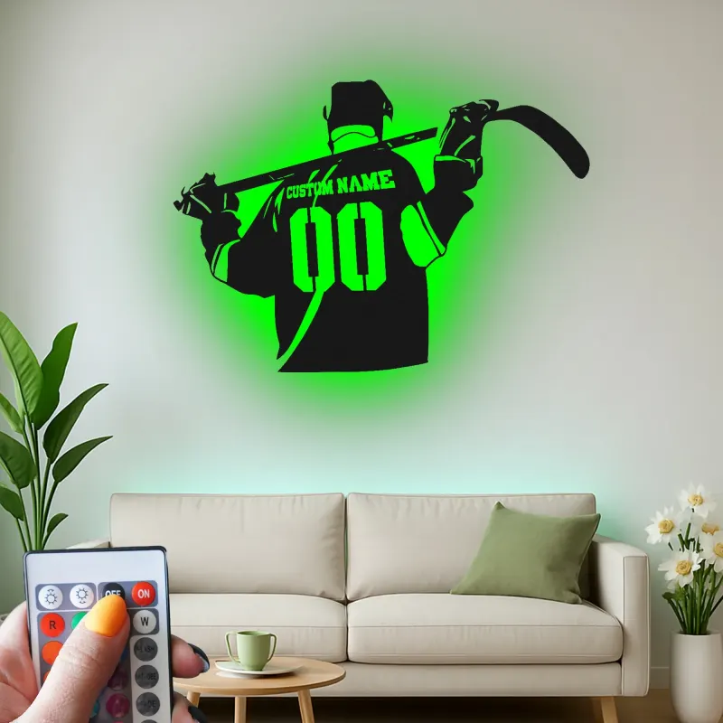 Cartel LED personalizado de jugador de hockey | Decoración mural de metal a medida | Decoración para habitación de aficionados al deporte y regalo para deportistas