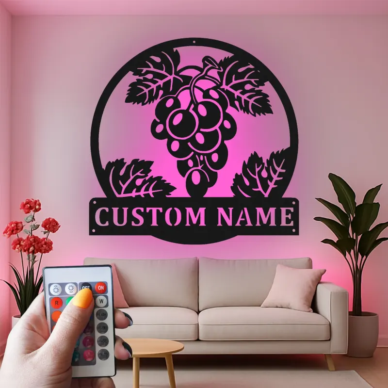 Cartel de viñedo con uvas personalizado | Decoración mural de metal con LED | Decoración para bodega y cocina | Regalo para amantes del vino