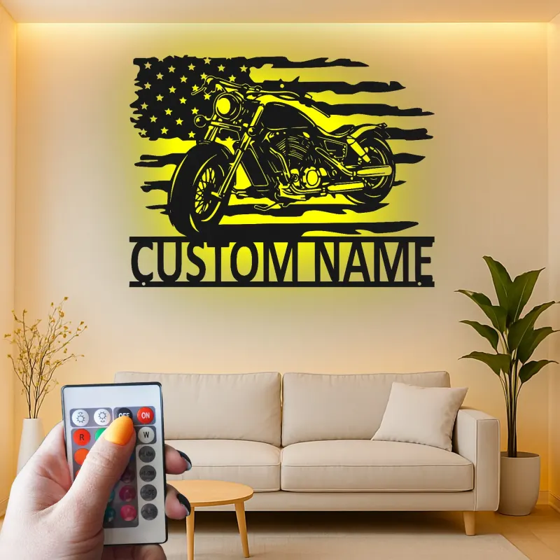 Custom Motorcycle Metal Sign | LED American Flag Wall Art | Personalized Biker Name Plate | Garage Decor for Men