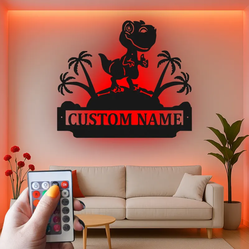 Cartel de metal LED de dinosaurio personalizado para regalo de habitación infantil, decoración de guardería con diseño de T-Rex