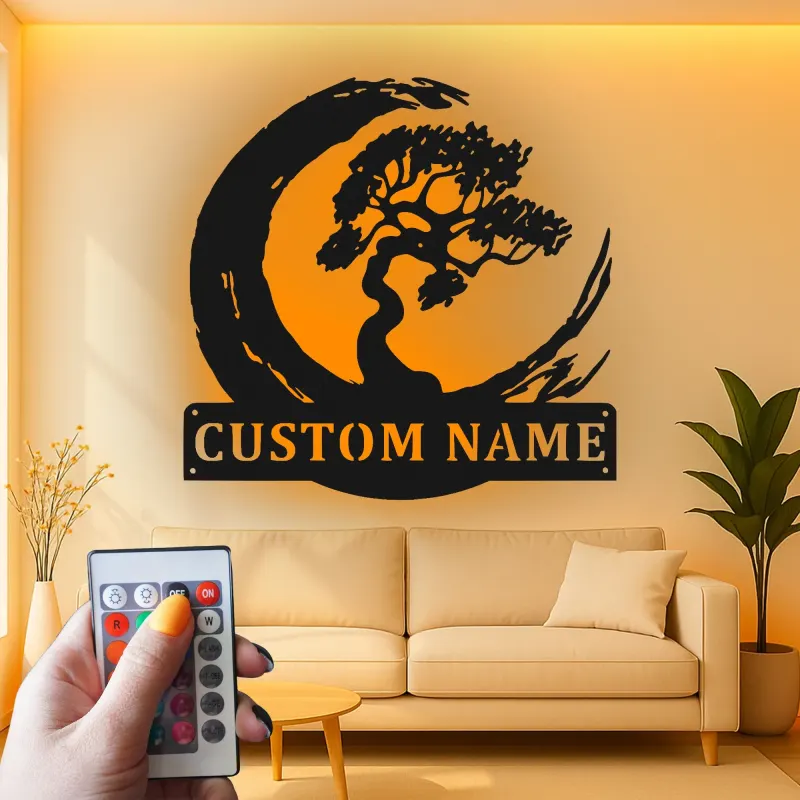 Décoration murale en métal personnalisée Arbre Bonsai avec rétroéclairage LED Cadeau Zen pour la maison Décor de salon tranquille 1