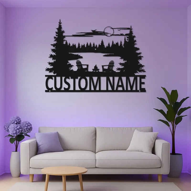Personalisiertes Schild für das Ferienhaus | LED Metall-Wandkunst mit Adirondack-Stühlen | Individuelles Geschenk für die Hütte