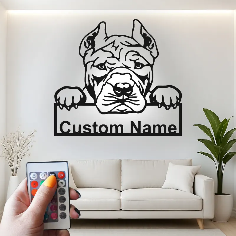 Panneau en métal LED personnalisé Pitbull | Art de silhouette de chien personnalisé | Cadeau pour amoureux des animaux | Décor moderne pour la maison