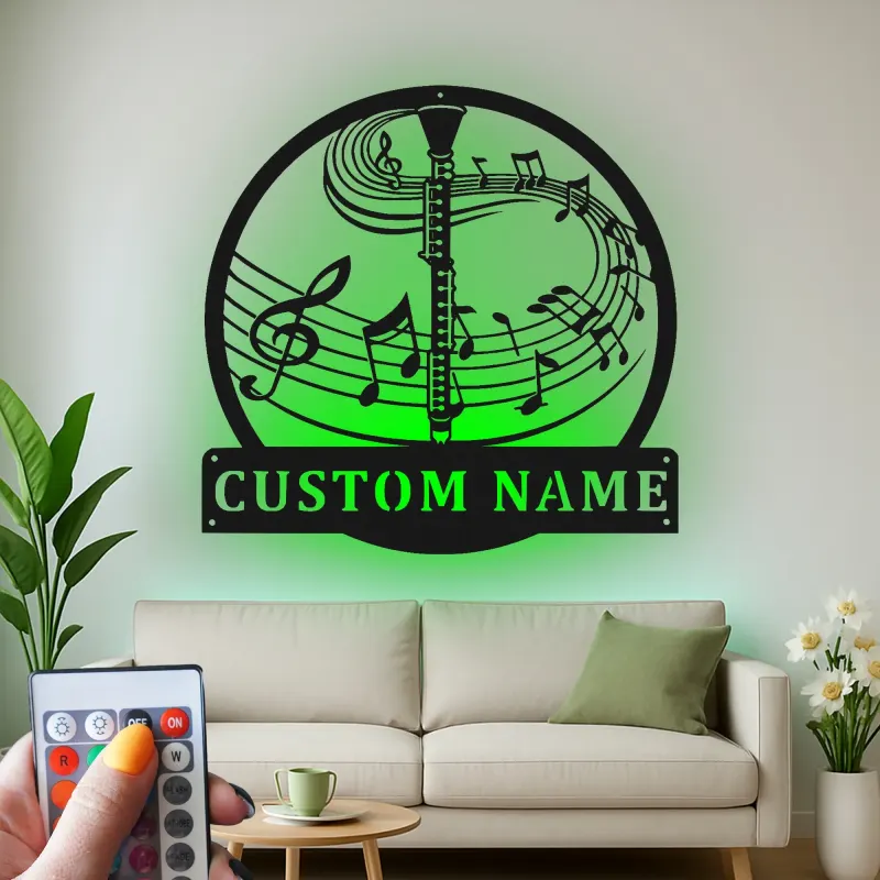 Cartel de metal personalizado de clarinete | Señal LED personalizada para estudio de música | Decoración de instrumentos cortada con láser | Regalo único para músico