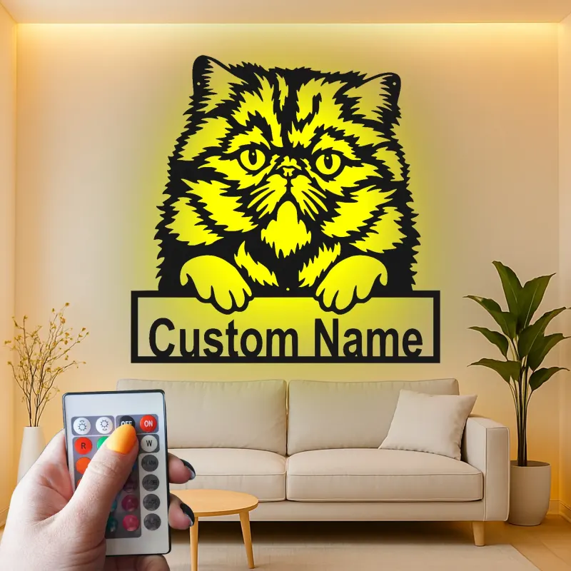 Cartel de metal LED de gato persa personalizado, regalo para amantes de mascotas, decoración para dormitorio o sala de estar 2