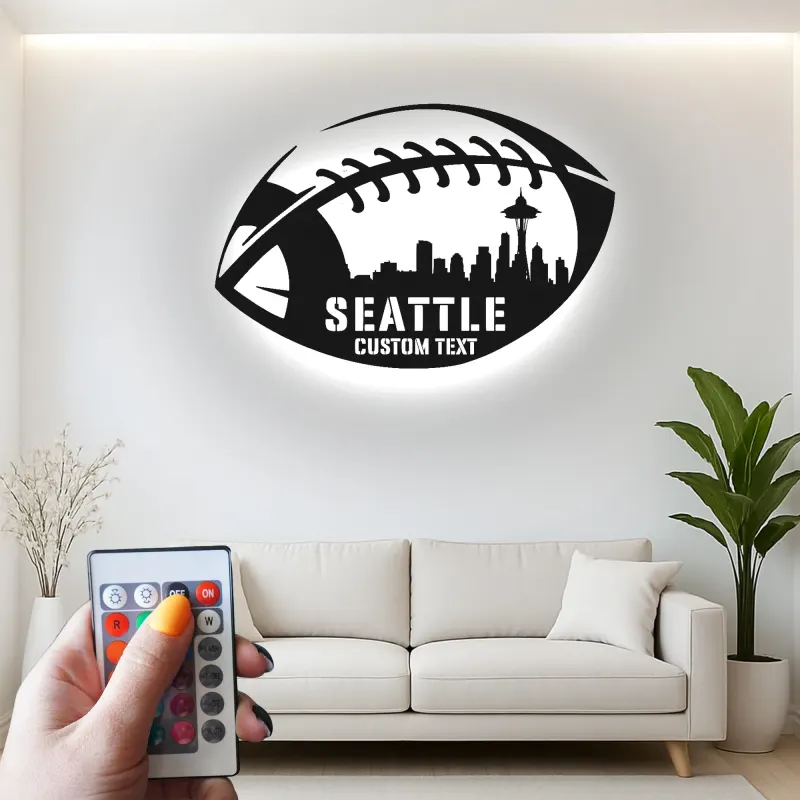 Décoration murale en métal LED de la skyline de Seattle pour football | Panneau personnalisé pour salle de jeux | Cadeau sportif personnalisé pour fan de la ville