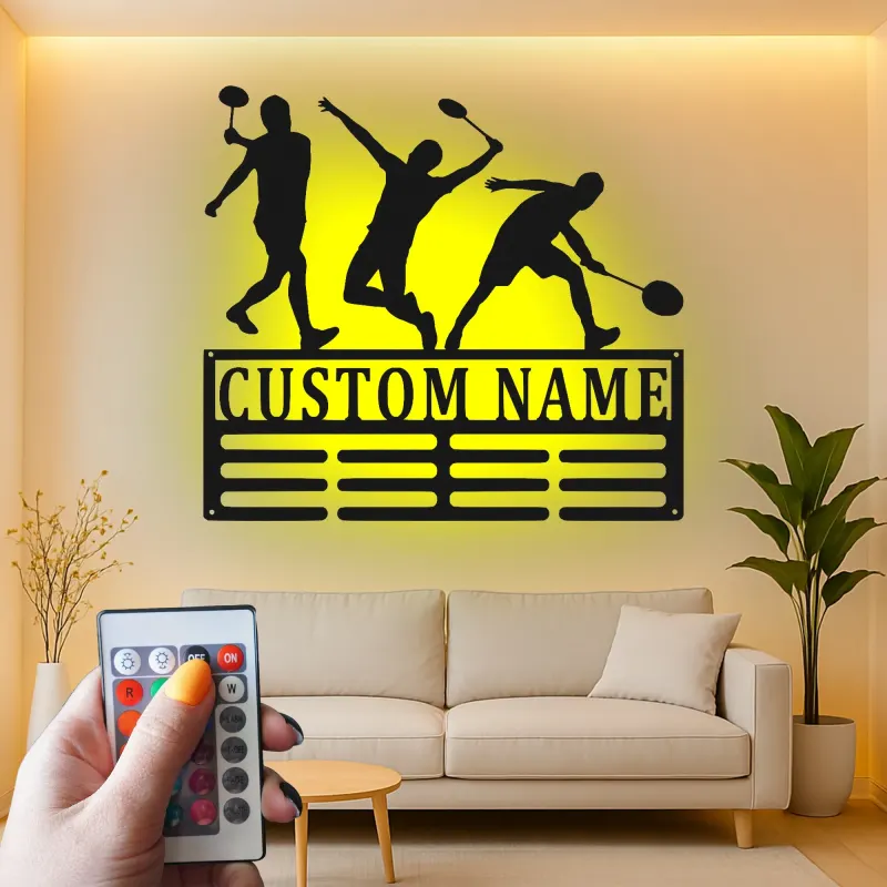 Décoration murale en métal personnalisée avec rétroéclairage LED de joueur de badminton, cadeau pour passionnés de sports, décor de salle de jeux