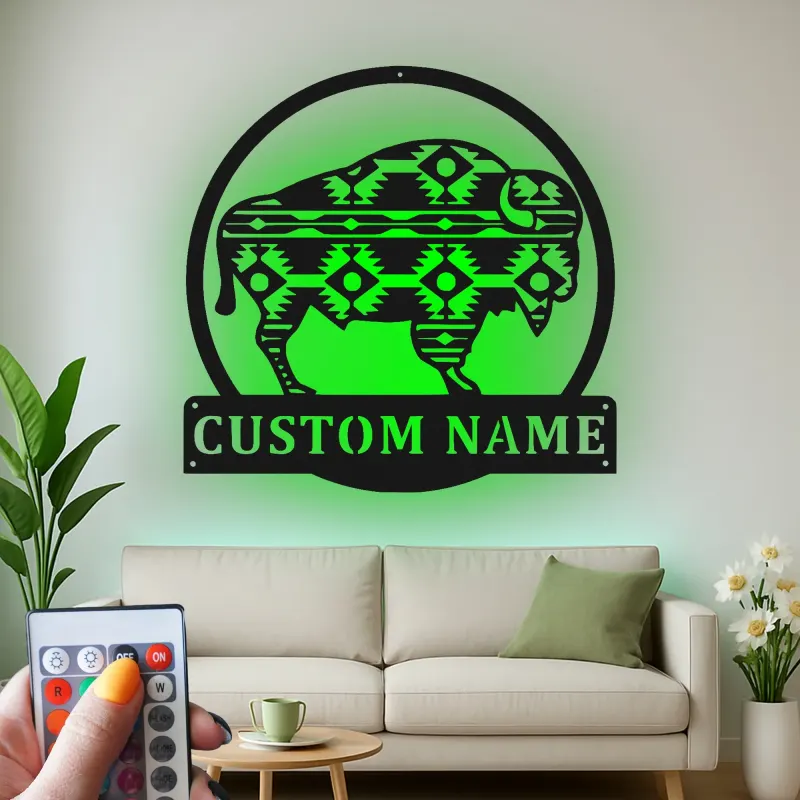 Insegna in metallo LED personalizzata con bufalo, regalo per amanti della natura, decorazione rustica per casa