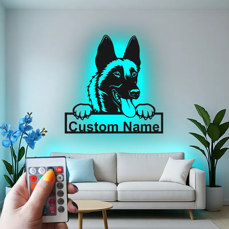 Plaque métal Berger allemand personnalisée | Décoration murale avec prénom du chien | Décor commémoratif pour animal de compagnie rétroéclairé LED pour la maison