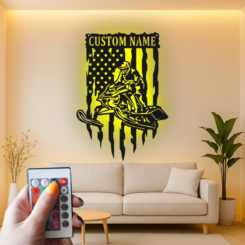 Custom Snowmobile Metal Sign | Personalized American Flag LED Wall Art | Winter Sports Decor Gift for Him | Garage & Man Cave Sign