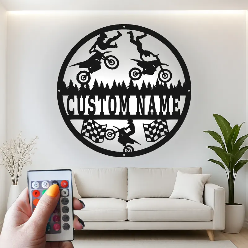 Panneau LED Motocross Personnalisé | Art mural en métal Moto Tout Terrain | Décor de course sur mesure pour cave à vin | Cadeau de pilote de cascade