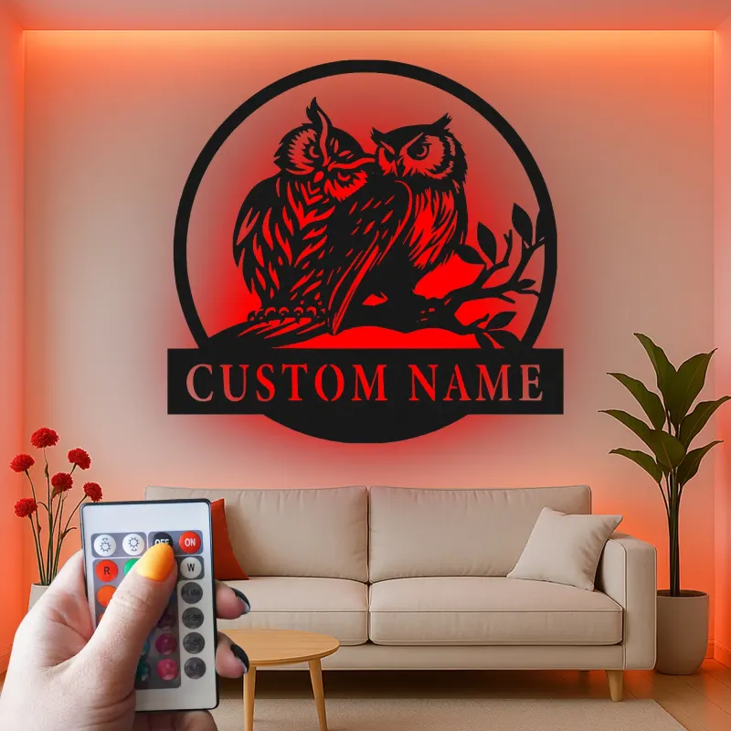 Insegna LED Personalizzata con Gufo | Arte in Metallo del Gufo Cornuto | Regalo per Amanti della Natura per Cabin o Decorazione per Casa