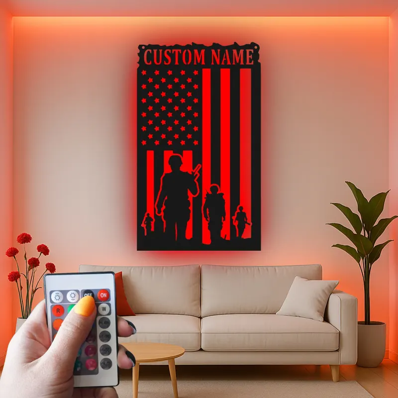 Personalized Soldier Metal Flag | Custom Army Name Sign for Veteran | Patriotic LED Wall Art & Military Decor