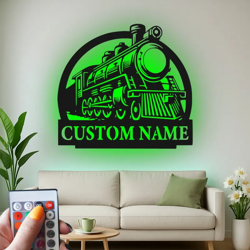 Insegna in metallo personalizzata con luce LED di locomotiva a vapore per appassionati di treni, regalo per man cave o decorazione per ufficio