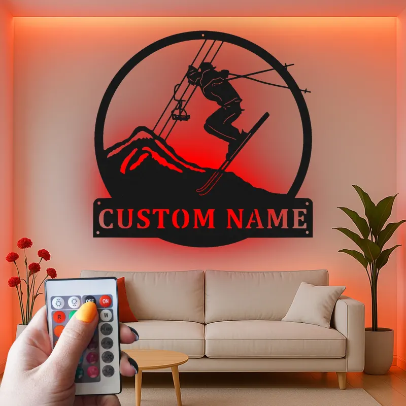 Custom Skier Led Light Metal Wall Art Personalized Gift for Ski Enthusiasts Mountain Lodge Decor