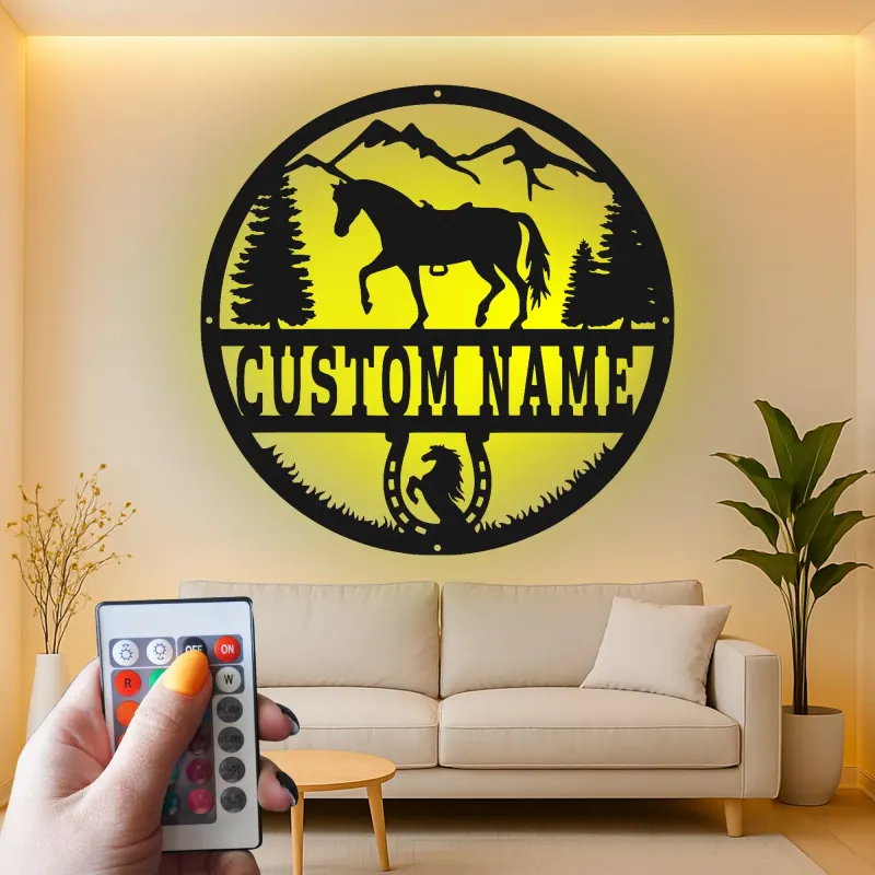 Panneau personnalisé avec nom de cheval | Décoration murale en métal LED pour ranch et maison | Cadeau équestre sur mesure