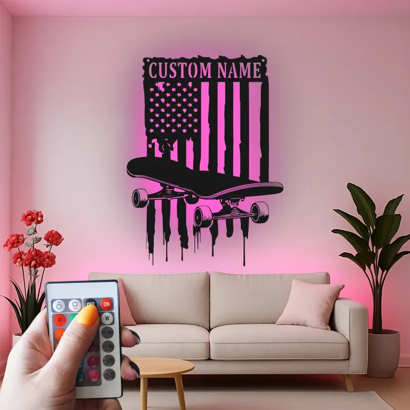Panneau de nom en skateboard personnalisé | Décoration murale en métal LED | Décor de chambre d'adolescent avec drapeau américain | Cadeau personnalisé pour skateur