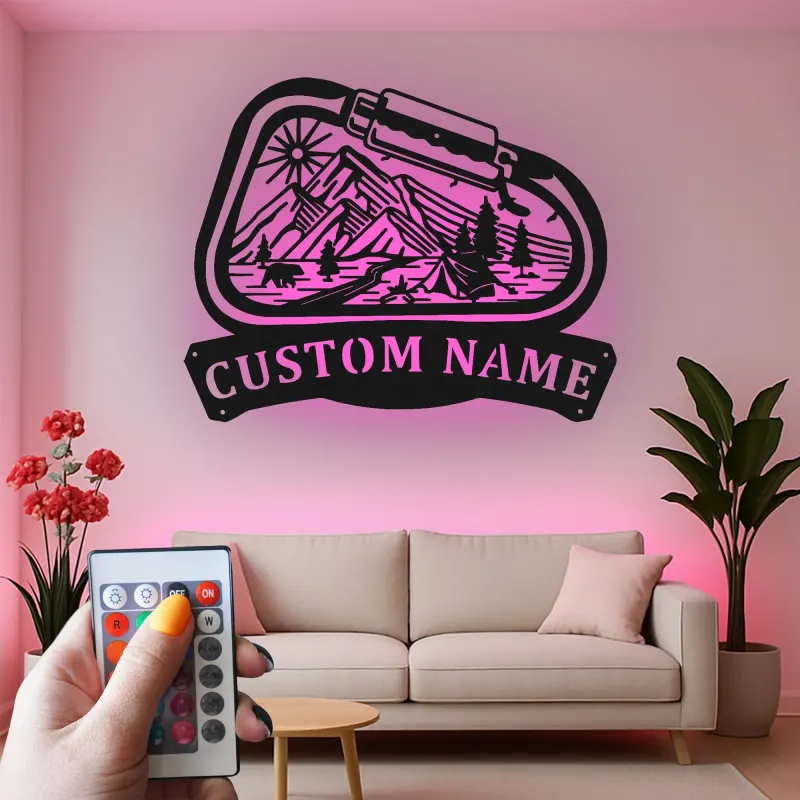 Cartel de metal LED personalizado de camping en montaña regalo para entusiastas del aire libre decoración de cabaña o campamento