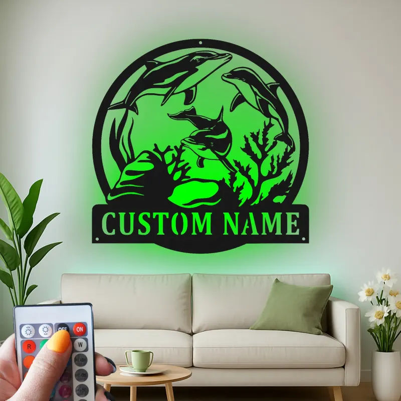 Custom Dolphin Led Light Metal Wall Art Personalized Ocean Lover Gift Nautical Decor for Beach House
