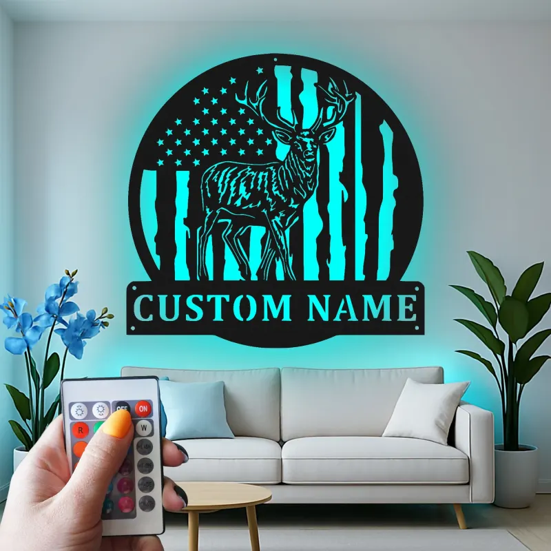 Décoration murale en métal personnalisée avec cerf et drapeau américain, éclairage LED, cadeau personnalisé pour chasseurs, décoration de cabane rustique 4