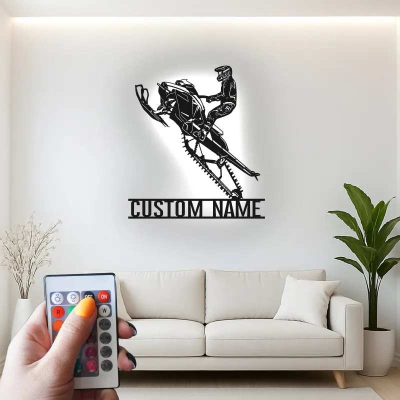 Panneau LED de Motoneige Personnalisé | Art Murale en Métal Personnalisé pour Motard | Décoration de Garage de Sports Extrêmes | Cadeau d'Aventure d'Hiver