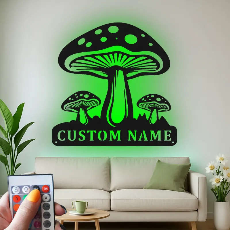 Psychedelisches Pilz-Trio LED-Schild | Personalisiertes Metallschild | Vintage Pilz-Dekor für das Schlafzimmer | Geschenk für Naturfreunde
